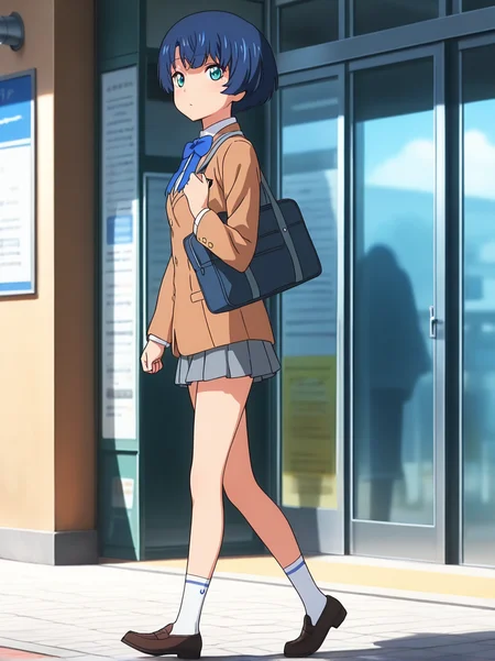 (masterpiece:1.4), (best quality:1.4),,absurdres,anime screenshot
1girl,female focus,solo,,detailed eyes,1girl,
tanigawa_kanna,  
blue hair, short hair, blue eyes,   aqua eyes, 
school uniform, brown jacket, skirt, ,white socks,blue stripe,pleated skirt,loafers,blue ribbon
outdoor,standing,full body,school bag,walking
looking at viewer,outdoor,
 <lora:kanna:1.2>