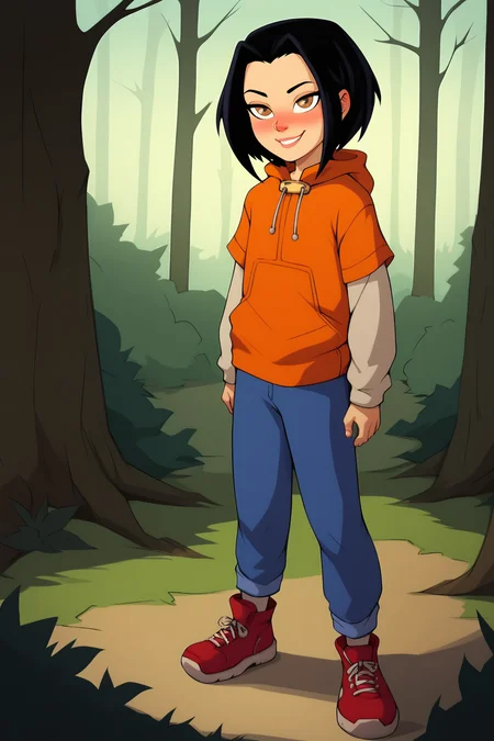 score_9, score_8_up, score_7_up, score_6_up, BREAK, JadeJCAPXL, colored skin, dark-skinned female, brown eyes, black hair, short hair, flat chest, hood down, orange hoodie, short over long sleeves, blue pants, red footwear, solo, full body, standing, seductive smile, looking at viewer, naughty face, nose blush, forest, tree <lora:JadeJCAPXL:1>