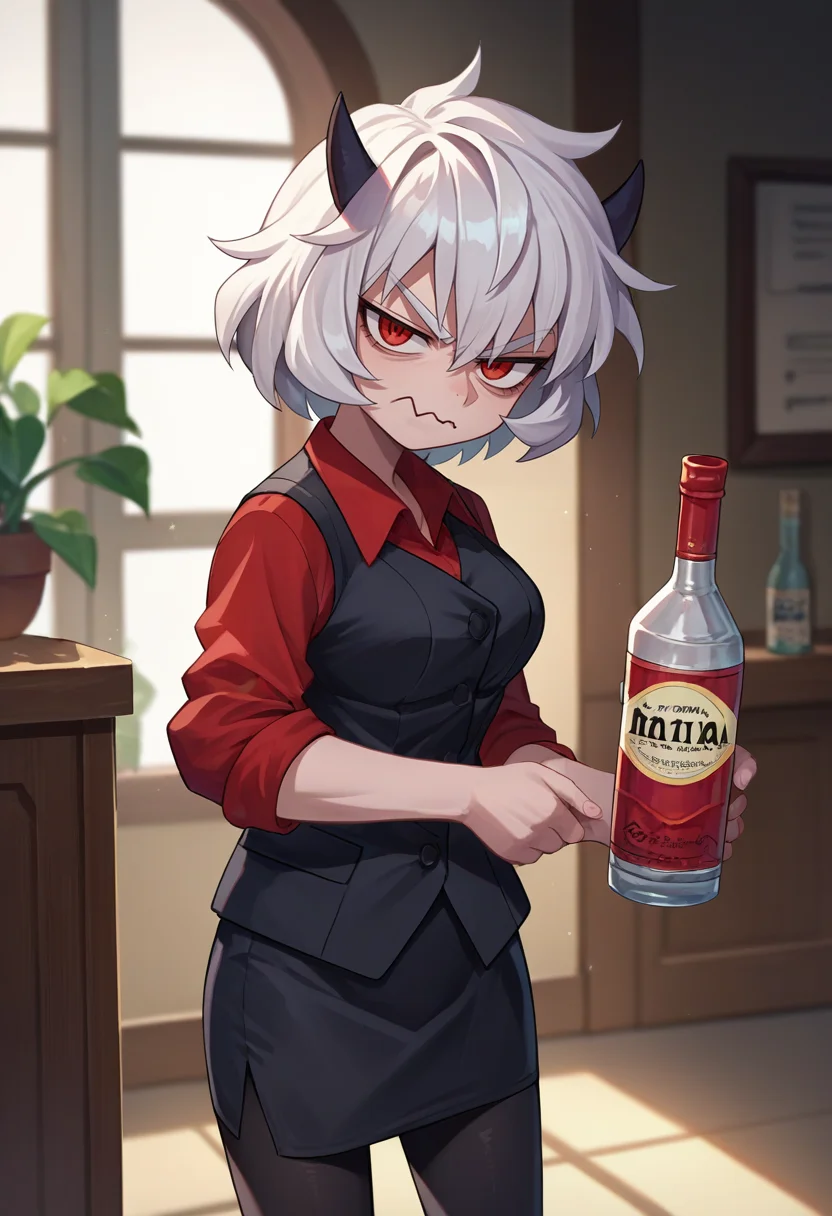 score_9, score_8_up, score_7_up, source_anime, solo, 1girl, htmalina, unamused, wavy mouth, looking at viewer, standing, holding alcohol, demon horns, red shirt, sleeves rolled up, black vest, waistcoat, black skirt, black pantyhose, indoors <lora:helltaker_malina_ponyXL:1>