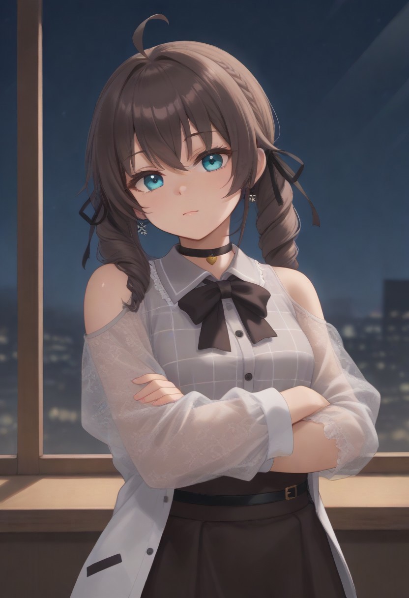 1girl, solo, solo focus, highres, absurdres, MatsuriMineGirl, brown hair, bangs, grey shirt, ahoge, twintails, black ribbon, black choker, hair between eyes, hair ribbon, brown skirt, shoulder cutout, collared shirt, flower earrings, black bowtie, blue eyes, white jacket, see-through sleeves, lace sleeves, plaid shirt, high-waist skirt, puffy short sleeves, medium hair, open jacket, small breasts, long sleeves, drill hair, braid,
looking at viewer, expressionless, closed mouth, head tilt, crossed arms,
indoor, cityscape, neon lights, window, dark, night, night sky, 
light particles, backlighting, shade, light rays, lens flare, shiny skin, fine fabric emphasis,