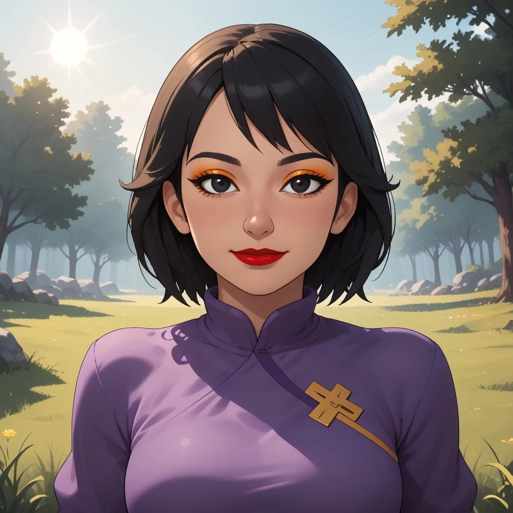 score_9, score_8, BREAK, solo, wii u, mii, wii sports club, female mii, 1girl, cute, black hair, black eyes, half-tree shaped nose, makeup, blush, orange eyeshadow, red lips, lipstick, purple clothing, black pants, shoes, Nintendo Mii, modern_mii, classic_mii, breasts, Xin_(\OC_Mii\), asian, asian female, chinese clothes, sexy pose, self portrait, smile, outdoors, sunlight, shadows, evening lighting, natural lighting, forest, trees, grass, orange sky, sunset
