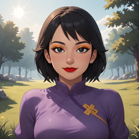 score_9, score_8, BREAK, solo, wii u, mii, wii sports club, female mii, 1girl, cute, black hair, black eyes, half-tree shaped nose, makeup, blush, orange eyeshadow, red lips, lipstick, purple clothing, black pants, shoes, Nintendo Mii, modern_mii, classic_mii, breasts, Xin_(\OC_Mii\), asian, asian female, chinese clothes, sexy pose, self portrait, smile, outdoors, sunlight, shadows, evening lighting, natural lighting, forest, trees, grass, orange sky, sunset