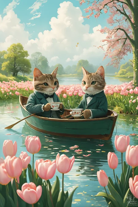 An award winning solo focus cute cartoon British countrside, Wind In The Willows inspired illustration of two gentlemanly victorian cats with monocles drinking tea and rowing a boat on the lake, with green grass on both sides and trees with white clouds above them. The ground has pink tulips growing around it. In the style of Studio Ghibli, children's book illustrations, pastel colors, simple line drawings, clean lines, butterflies, light particles
<lora:detailed_notrigger:0.6> <lora:SDXLFaeTastic2400:1> <lora:MJ52:0.8>