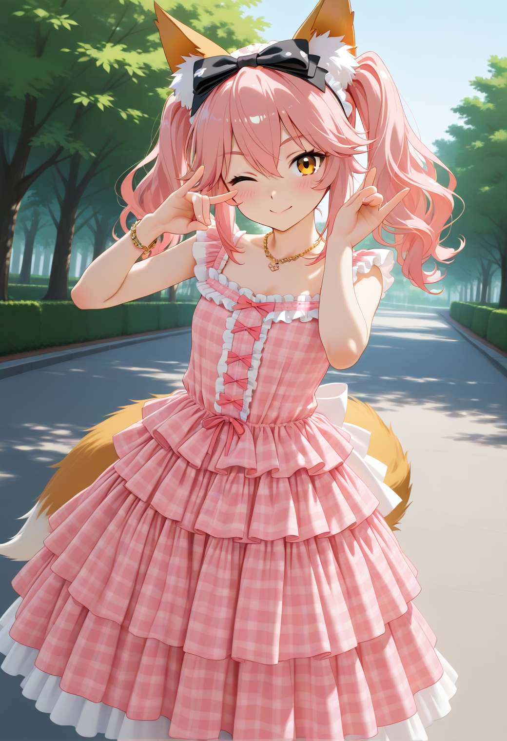 masterpiece, best quality, amazing quality, 1girl, solo, looking at viewer, blush, out, outdoor, sky, plant, ultra-detailed, park, road, makeup, sunlight, pastel tone, anime screencap, anime coloring, ((cowboy shot, closed-up, closeup)), dynamic angle, ((double fox shadow puppet, wink, seductive smile)), <lora:tamamojk:1>, t4m4mojk, animal ears, tail, yellow eyes, pink hair, long hair, twintails, sidelocks, hair between eyes, black bow, hair bow, <lora:Showaretro_sweetgirl_cakedress:0.8>, Showaretro_sweetgirl_cakedress, pink dress, plaid, hair ornament, jewelry, necklace, frills, bow, bracelet, hair bow, shoes, sleeveless, frilled dress, (layered skirt:1.2), (ribbon hairband:1.1), ((plaid long dress, long dress)), white pantyhose, <lora:wai-Rectified-s:1>
