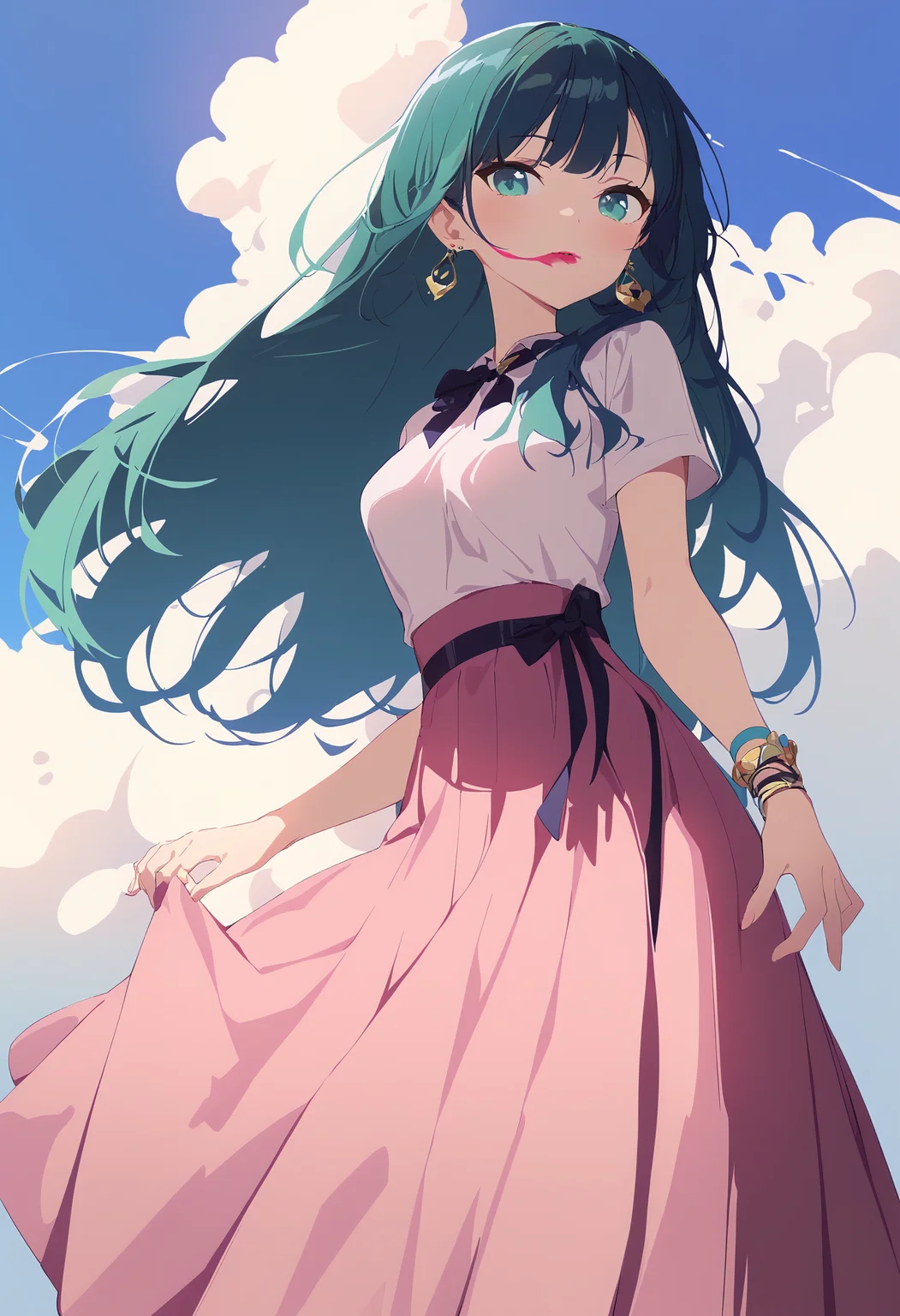 1girl,[mamyouda, sy4, ogipote | aiko \(kanl\), torino aqua  | maccha \(mochancc\), torino aqua, ask \(askzy\)],
solo,earrings,cloud hair,long_skirt,dynamic_angle,<lora:smeared lipstick_XL_bx-v1.02:1>,smeared lipstick,
masterpiece,great quality,best quality,newest,recent,absurdres,