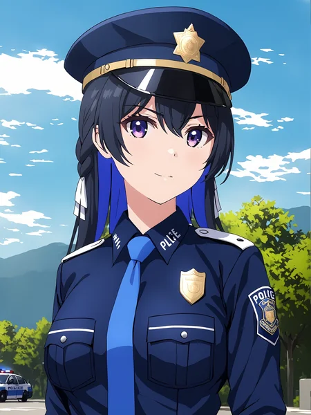 masterpiece, best quality,
<lora:tinasha.sdxl.v3:0.8> tinasha,
1girl, solo,
policewoman, police uniform, police hat,
outdoors,