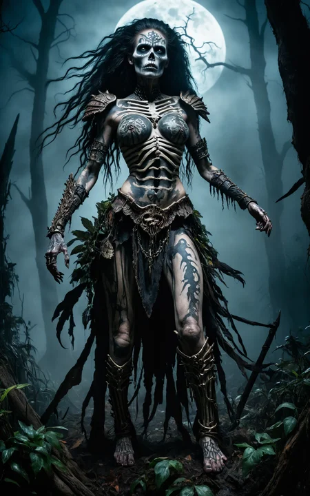 Hyperrealistic, horror theme, rotting undead Amazoness warrior with skeletal makeup, very tall and muscular, tribal tattoo, decaying beauty, high detail, dynamic composition, intricate textures, fierce expression, in action pose, dark surrounding, low light, nighttime setting, realistic shadows, ethereal, flowing hair, strong and decayed, wearing skeletal armor, jungle background, confident and menacing, ultra-quality, expressive eyes, detailed skeletal makeup, thick fog, light particles shining from the moonlight, horror style, eerie atmosphere, jumpscare element, ghostly apparitions, rotting flesh, menacing