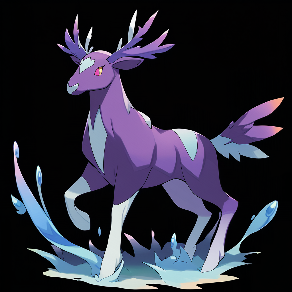 <lora:pokemon_pony_xl:1>, watercolor creature art like pokemon, Type: Grass, Type: Dark Fairy, Egg Group: Fairy, is a pokemon creature that The monster's growls send Purple vibrations through the ground warning its prey and communicating with its kin,It plays in the river, splashing and diving with the grace of a Moose calf, a joyous sight to behold,It has a Cyan streak that pulses along its body with each heartbeat a visual rhythm of its Fighting life force,The animal's mane flows as if underwater even in the absence of wind a mesmerizing Fuchsia spectacle,At dusk, its silhouette against the fading light is a signal, a beacon that the day is ending and the night's watch begins score_9, score_8_up, score_7_up, score_6_up, score_5_up, score_4_up.  Simple black background, (Masterpiece:1.3) (best quality:1.2) (high quality:1.1)