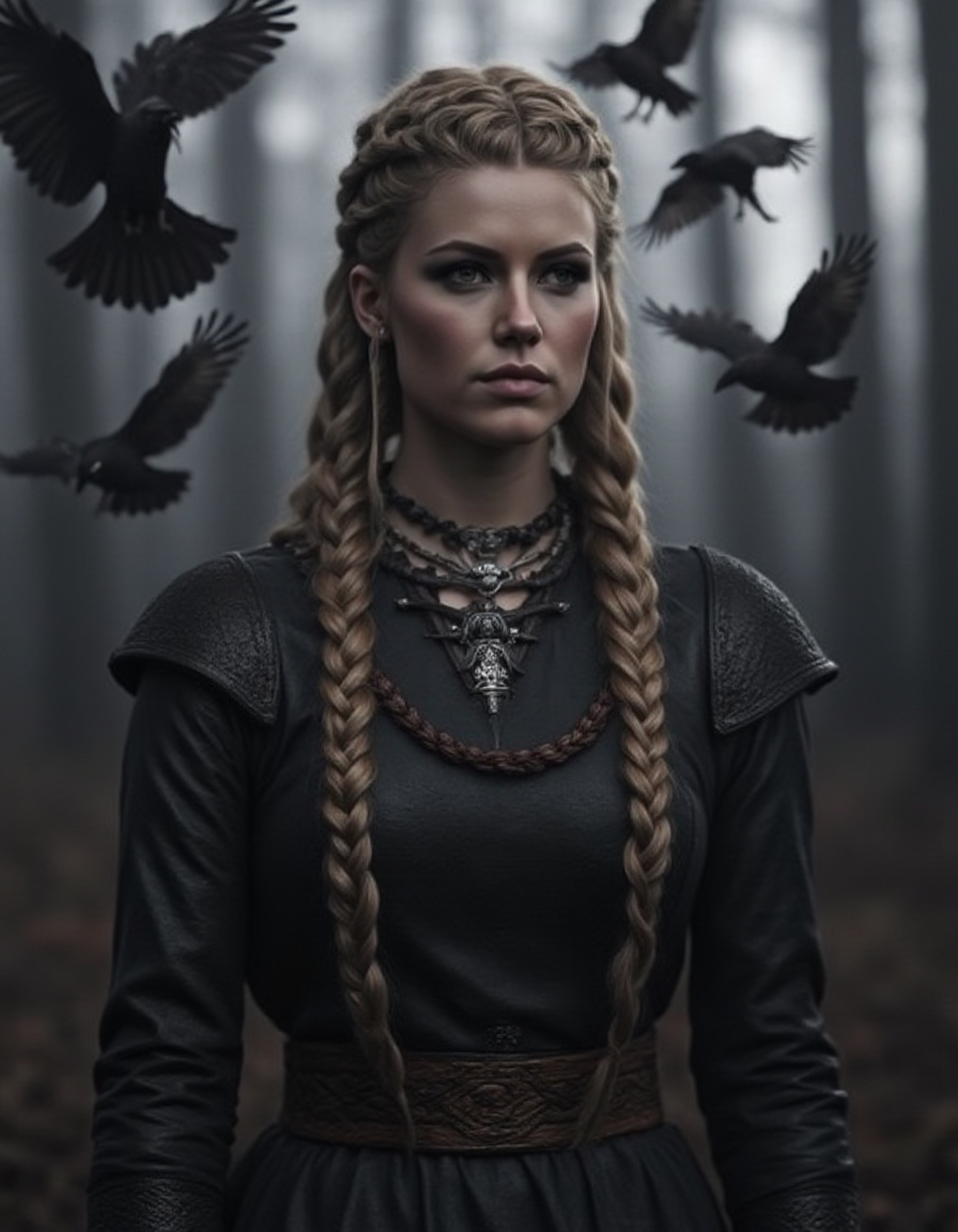 a woman  viking female with braided hair, stand in a dusk wood, some raven fly around her <lora:Female_Vikings_Hairstyle:1> v1k1ng2, braids, viking, face