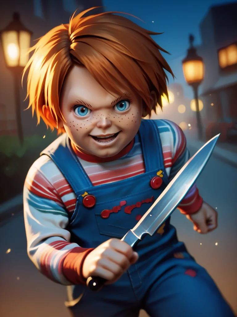 score_9, score_8_up, score_7_up, 1boy, fighting stance, looking at viewer, very happy, holding single knife, dynamic pose, dynamic angle, wide shot, cowboy shot, mystery vibe, wide shot, night, city,
<lora:ChuckyXLP_character:0.8>, ChuckyXLP, short hair, blue eyes, freckles, brown hair, striped, long sleeves, overalls,