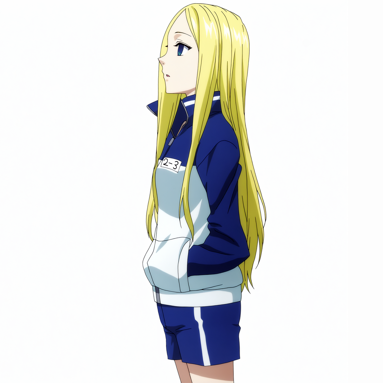 sharp focus, pixiv masterpiece, score_9, score_8_up,  source_anime, score_7_up, best quality, high res, absurd res, BREAK
<lora:Nino_arakawa_under_the_bridge_illu_v38:1>,nino_arakawa_il, (1girl, solo:1.5), blonde_hair, blue_eyes, blue_white_tracksuit, number_tag, long_hair, blue_shorts, side_stripes,(anime_screencap:1.1) cowboy shot, standing, hands_in_pockets, white background, simple background, centered
