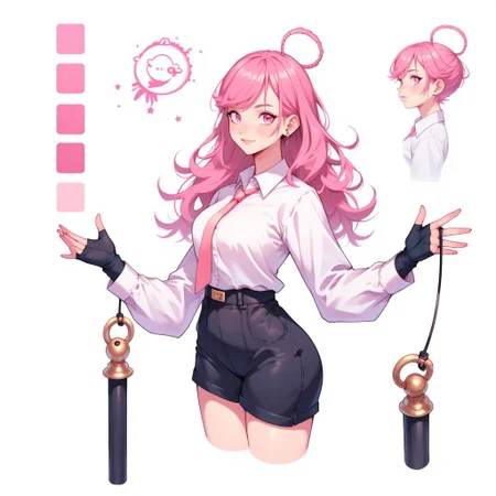 CharacterDesignFLUX, reference sheet,white background,simple background,multiple views, upper body, front, from side, color palette reference, high_detailed, captured in high detail, magic particles, multiple references，1girl, pink hair, solo, gloves, long hair, shirt, fingerless gloves, whip, white shirt, shorts, skirt, black gloves, collared shirt, holding, holding whip, looking at viewer, collar, ribbon, hair ribbon, realistic, thigh strap, long sleeves, pencil skirt, weapon, necktie, pink eyes, belt, cowboy shot, fingernails, piercing, closed mouth
