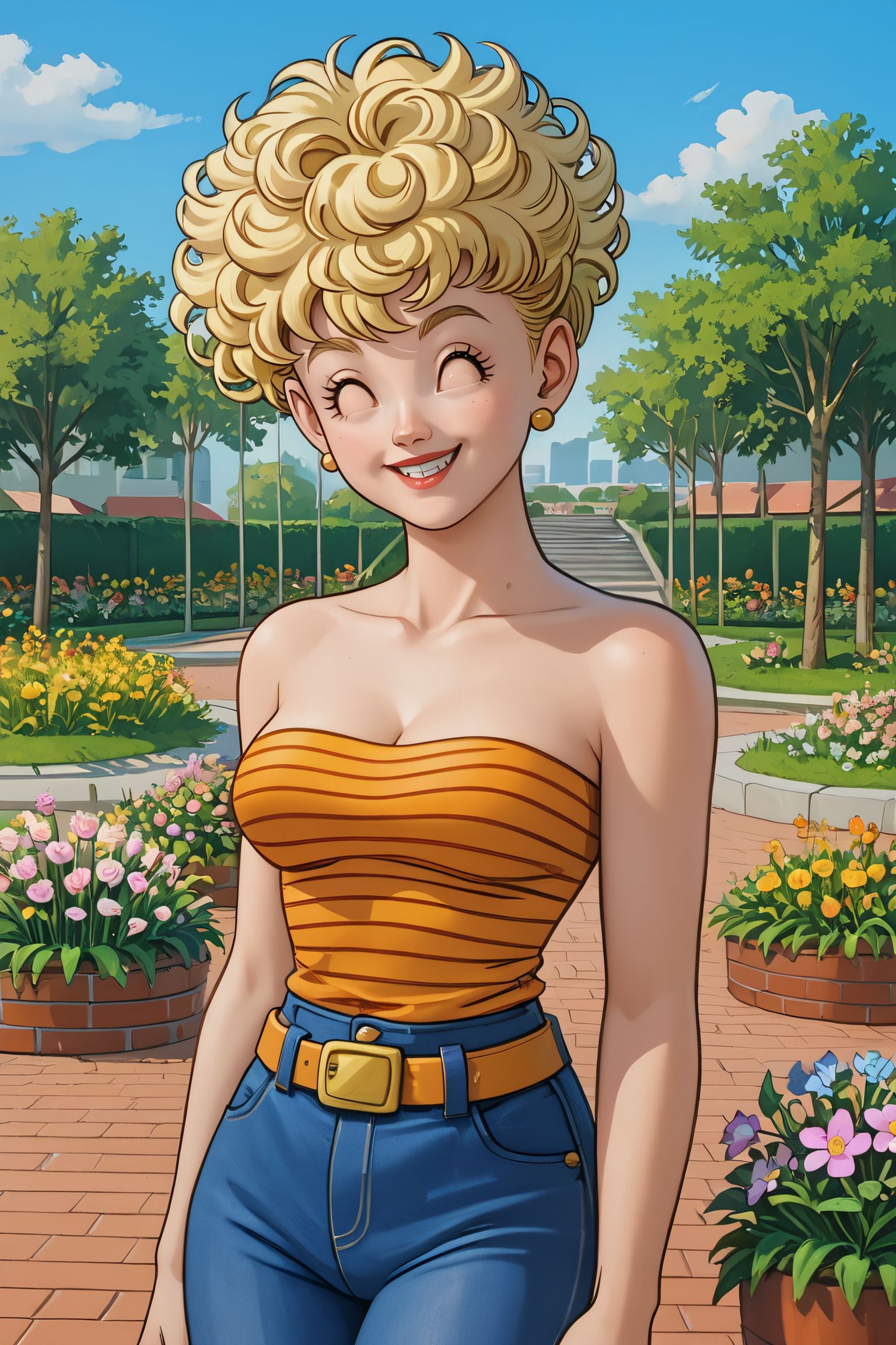 zPDXL3,  <lora:panchy_pony_v1:.5>,
panchy, blonde hair, short hair, curly hair, closed eyes, medium breasts,orange tube top, striped shirt, cleavage, strapless, belt, denim pants, looking at viewer, happy, standing, outside, backyard, garden, flowers, sunny,