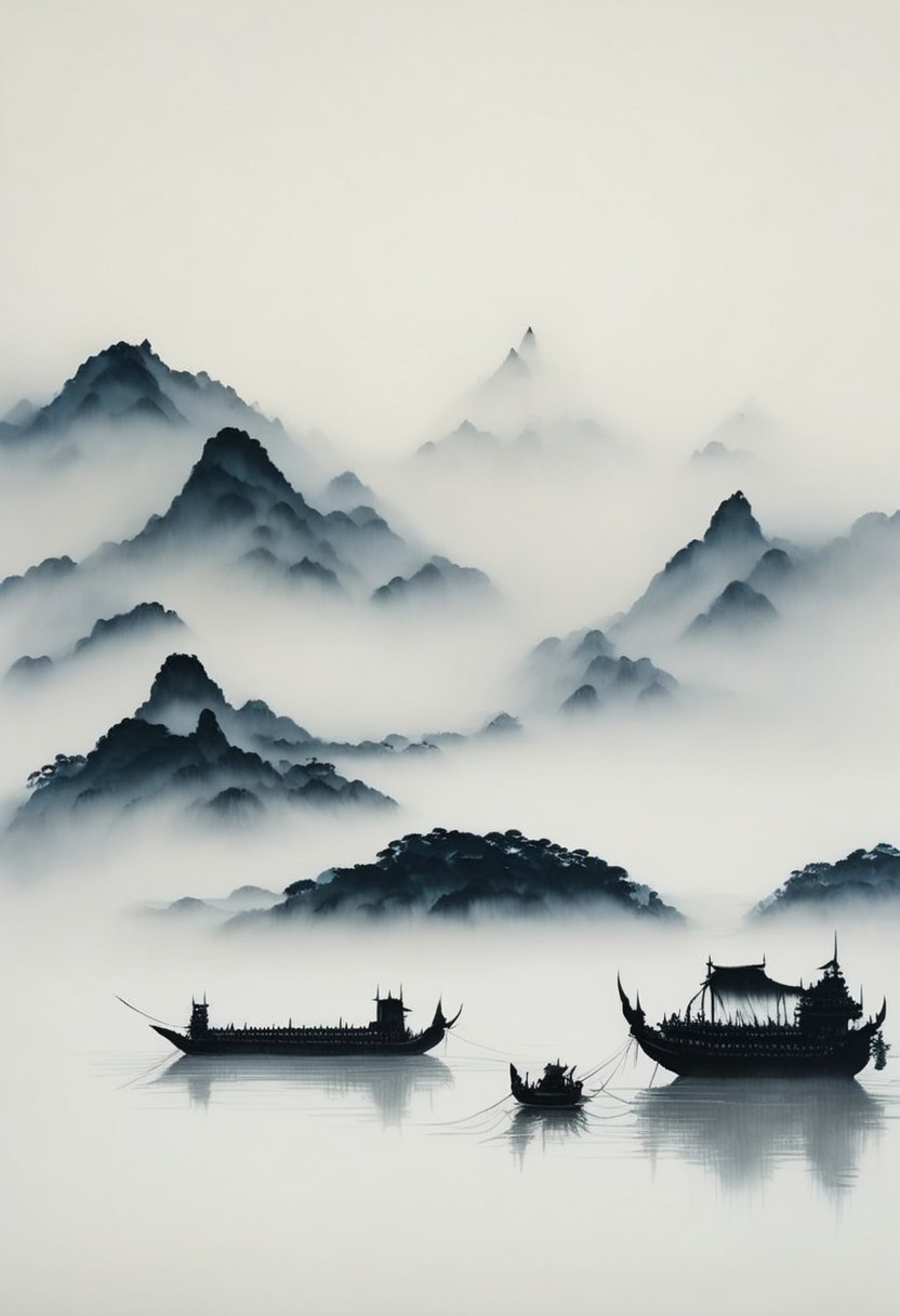 Multiple pagodas rise from a misty mountainscape above a riverbed lined with trees, as a ship drifts along the river near a fog-shrouded city.