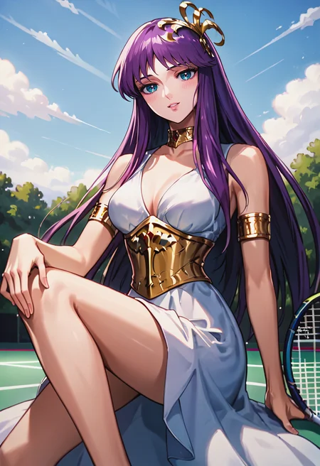 score_9, score_8_up, score_7_up, best quality, intricate details, source anime, rating explicit, BREAK
Placing hand on knee, love gaze, blush, parted lips, light smile, head tilt,
athenakido, purple hair, long hair, aqua eyes, sleeveless dress, <lora:SaoriKido_Pony_v02-10:1>
corset, armlet, crown, choker,
Tennis court,