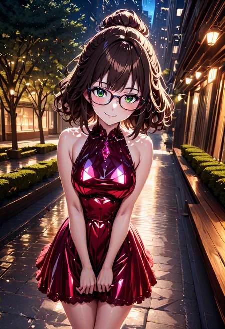 masterpiece, best quality, Ray tracing, hdr, volumetric lighting, highres, detailed background, night, 1girl, solo, scenery, outdoors, city park, pixiv, (very dark brown messy hair:1.4), green eyes, messy hair, updo, hair bangs, (glasses:1.6), zettai ryouiki, medium breasts, short ruby red crystalline dress, talking to viewer, smile, hand in crotch, light blush, walking
