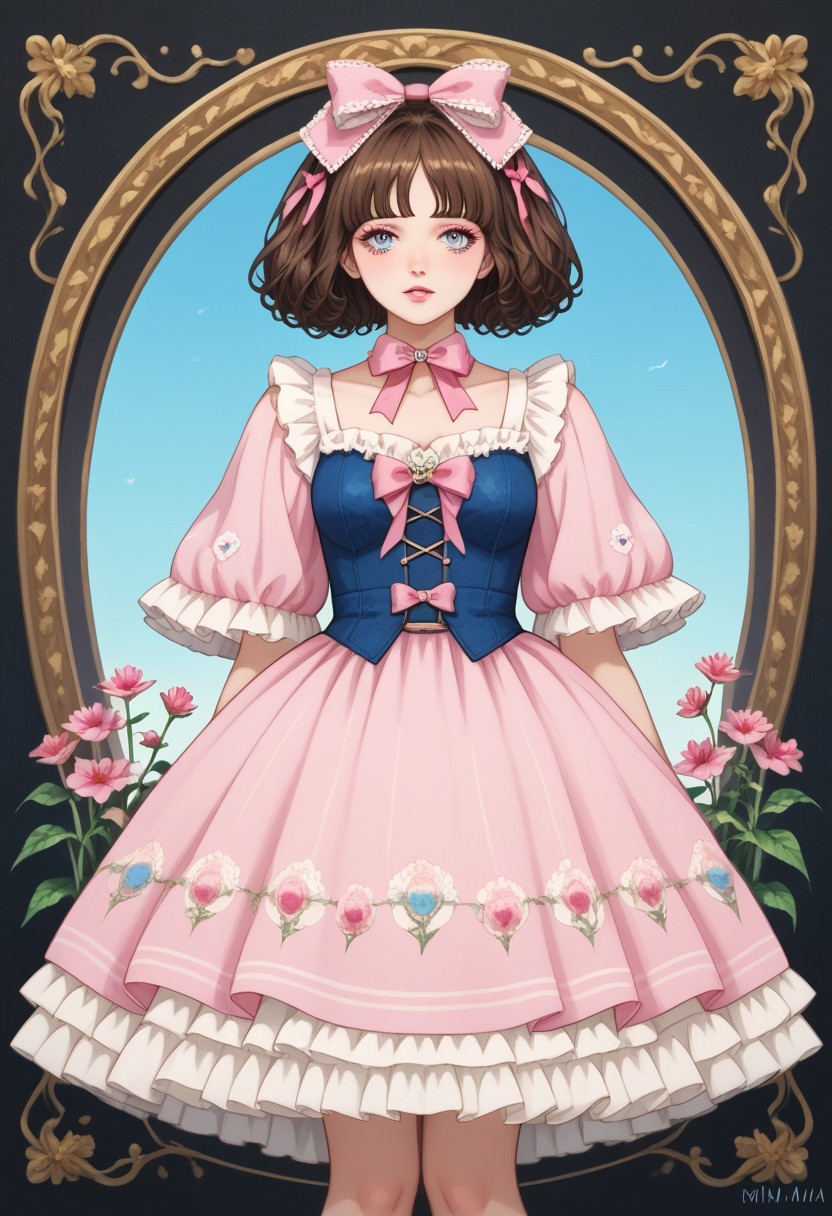 score_9, score_8_up, score_7_up, source anime,
masterpiece, best quality, detailed, amazing quality,
detailed background, 
detailed face, detailed eyes,
dynamic pose, 
solo, 1woman, woman,
easynegative,
headbow,
slutty_m3l0dy, kiraimai, flower dress, lolita_fashion