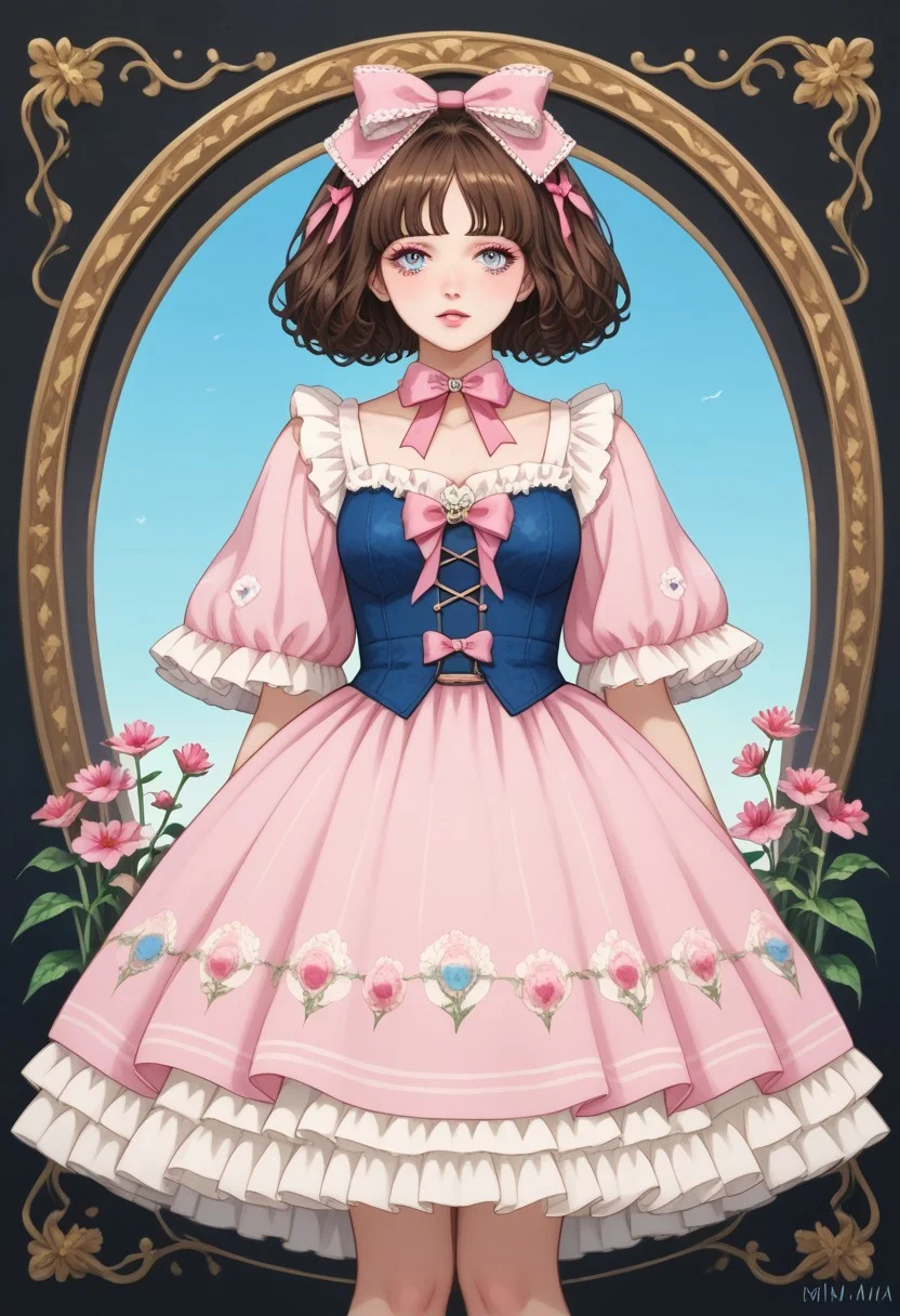 score_9, score_8_up, score_7_up, source anime,
masterpiece, best quality, detailed, amazing quality,
detailed background,
detailed face, detailed eyes,
dynamic pose,
solo, 1woman, woman,
easynegative,
headbow,
slutty_m3l0dy, kiraimai, flower dress, lolita_fashion