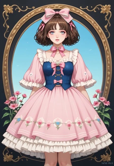 score_9, score_8_up, score_7_up, source anime,
masterpiece, best quality, detailed, amazing quality,
detailed background,
detailed face, detailed eyes,
dynamic pose,
solo, 1woman, woman,
easynegative,
headbow,
slutty_m3l0dy, kiraimai, flower dress, lolita_fashion