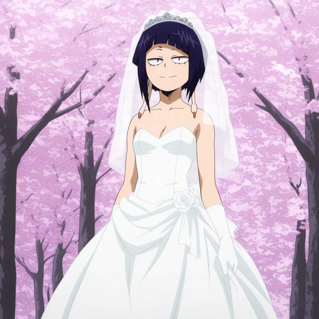 boku_no_hero_academia_style, (1girl), masterpiece, best quality, very aesthetic, high resolution, small breasts, perfect anatomy, cherry tree forest,
BREAK,
illujiro, short hair, bangs, long earlobes, purple hair, black hair, black eyes, wedding dress, wedding veil, smiling,