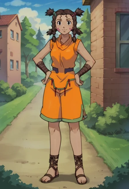 score_9,score_8_up,score_7_up,score_6_up,score_5_up,score_4_up,anime coloring BREAK source_anime,anime,<lora:Moonbay_Zoids_Pony:0.7>,moonbay,1girl,solo,black eyes,dark skin,facial mark,brown hair,twin braids,quad tails,two-tone hair tie,orange shirt,sleeveless,bandaged arm,orange shorts,ankle lace-up,sandals,standing,smile,hands on hips,outdoors,street,looking at viewer,