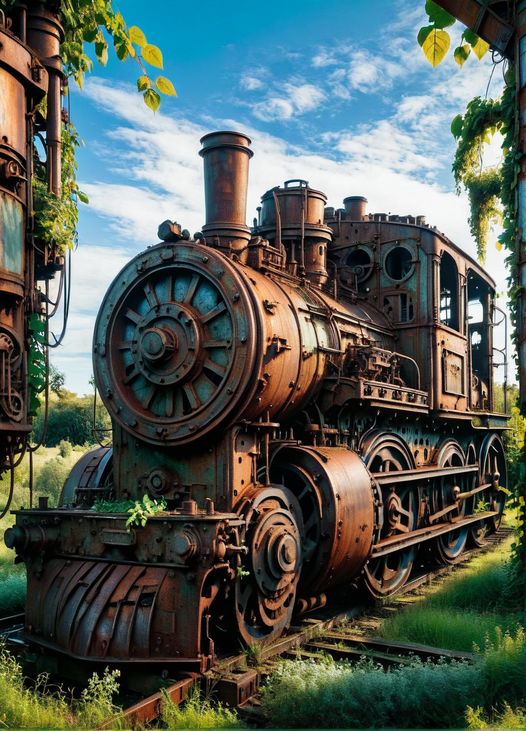A rusted ais-trnshd steam engine with gears exposed, surrounded by overgrown vines <lora:ais-trnshd-sdxl:1>