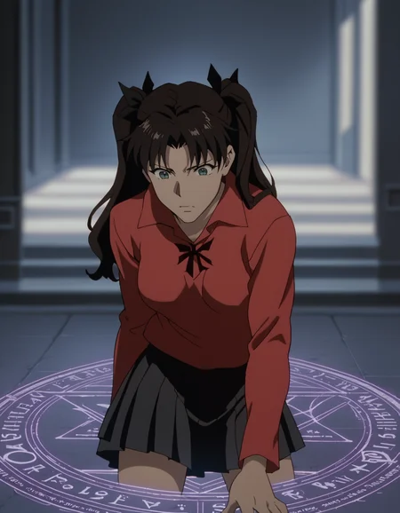 score_9, score_8_up, score_7_up, <lora:cowboy-bebop-ponyxl-000020:1> tohsaka rin, red sweater, pleated skirt,
1girl, solo, casting spell, magic circle, depth of field, epic, atmospheric lighting