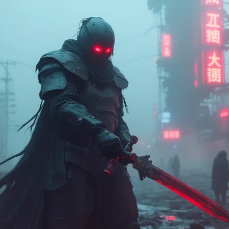 neon-mist, A digital artwork in a dystopian, cyberpunk-inspired style depicts a futuristic knight in the midst of swinging a massive sword. His armor is a fusion of medieval plate and high-tech, cybernetic enhancements, with exposed wiring, glowing vents, and a sleek, reinforced exoskeleton. His face is hidden behind a smooth, visor-like helmet, illuminated by two piercing red eyes. The knight's long, tattered cape billows dramatically, caught in the motion of his attack. The environment is a fog-covered urban battlefield, with towering, decayed structures in the background, their neon signs flickering dimly in the toxic haze. The air is thick with ash and embers, and faint silhouettes of distant figures lurk in the background, watching the battle unfold. The color palette is dominated by deep blues, greys, and crimson hues, enhancing the oppressive, war-torn atmosphere.
