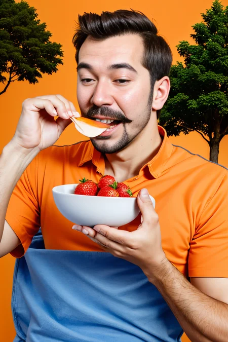 (Realisitc:1.5) gluttony, orange background, mustache, tree, strawberry, white shirt, plaid, upper body, collared shirt, chopsticks, bowl, <lora:EdobGluttony_v1.0:0.8>