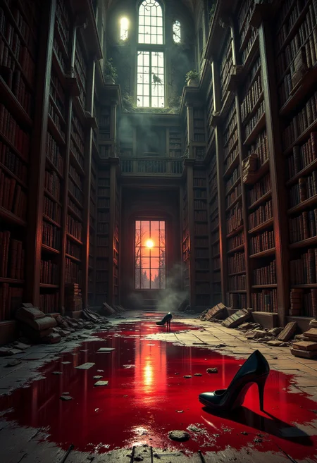 A highly detailed, artistic scene of a crumbling, worn bookstore where knowledge is forgotten. Towering bookshelves decay, their pages untouched and covered in dust. On the dirty polished wooden floor remain a single high heeled shoe forgot next to a large thick pool of blood that reflects the room, The other shoe is far in the background. Above, shattered mirrors reflect a distorted world of illusion. The blood-red light of the sunset spreads from the windows creating a play of light and shadow on the floor. aidmamj6.1, aidmaimageupgrader, aidmafluxpro1.1, bo-exposure