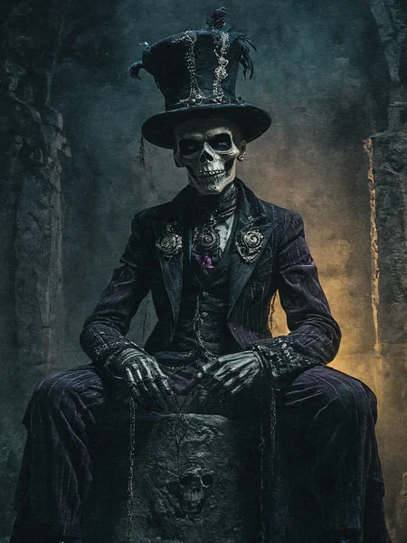 cinematic dark photo of (terrifying skeleton baron samedi:1.2), lwa of the deads, Haitian Vodou, evil grin, sitting on a large tomb, in a cemetery at night, fog, (black velvet hat:1.3), purple ((tartan suit)), sculpted cane, perfect hands, mardi gras style, nefarious greenish lighting, (low key lighting:1.2), (shadows:1.6),
<lora:Action-sdxl-V0.5:1> in a zdyna_pose, dutch angle, from below, low camera angle actions scene, foreshortening,
<lora:xl_more_art-full_v1:0.75> ,
<lora:zavy-cntrst-sdxl:1.3>dark, chiaroscuro, (low-key:1.2) <lora:Mardi_Gras:1.3> Mardi Gras portrait