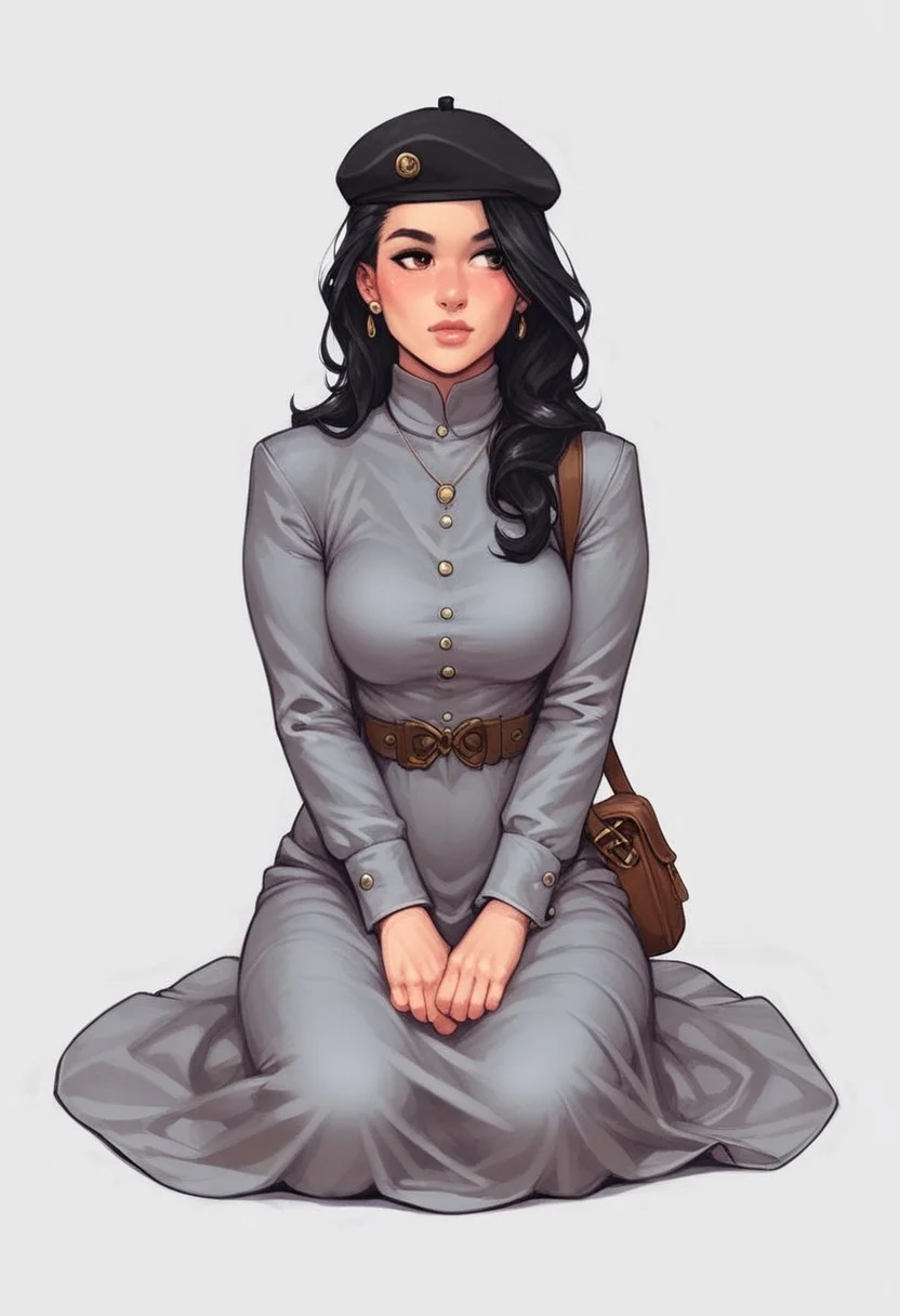 <lora:f4nto_v2:50>, f4nt,
retro artstyle,1980s \(style\), science fiction, realistic, solo focus,
<lora:retro-comic-80:1>,
1girl, solo, black hair, hat, long hair, grey dress, dress, black headwear, white background, sitting, leaning to the side, long sleeves, beret, arm support, looking to the side, simple background, realistic, jewelry, yokozuwari, brown eyes, earrings, blush, bag,
BREAK
strange world background score_9, score_8_up, score_7_up, score_6_up, source_cartoon, rating_explicit, Expressiveh, (((((full body))))), dynamic pose