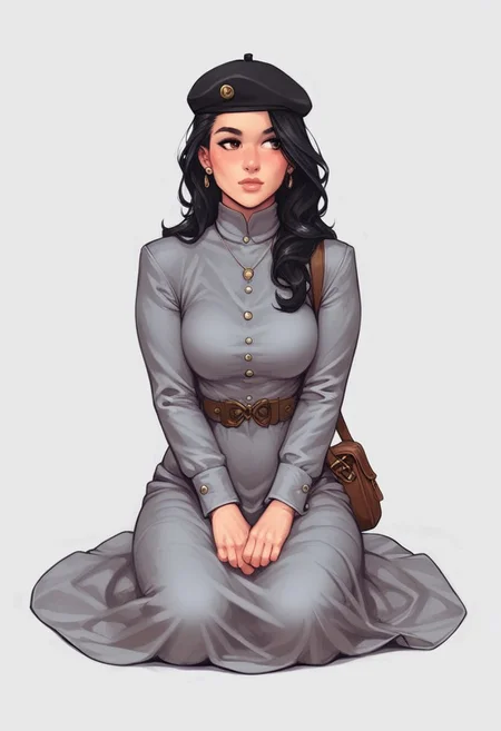 <lora:f4nto_v2:50>, f4nt,
retro artstyle,1980s \(style\), science fiction, realistic, solo focus,
<lora:retro-comic-80:1>,
1girl, solo, black hair, hat, long hair, grey dress, dress, black headwear, white background, sitting, leaning to the side, long sleeves, beret, arm support, looking to the side, simple background, realistic, jewelry, yokozuwari, brown eyes, earrings, blush, bag,
BREAK
strange world background score_9, score_8_up, score_7_up, score_6_up, source_cartoon, rating_explicit, Expressiveh, (((((full body))))), dynamic pose