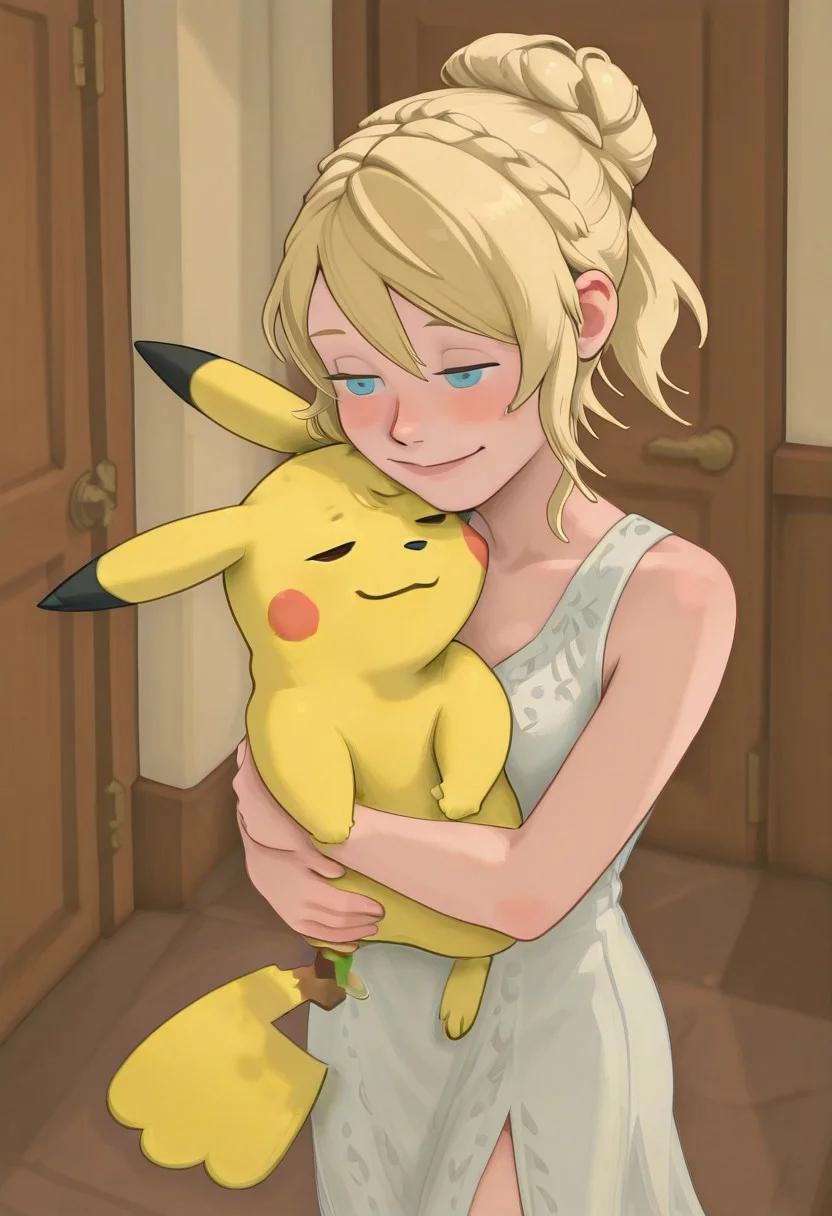 embedding:IllusP0s, g00se, from above, Lunafreya Nox Fleuret, blonde hair, hair up, braid, asymmetrical bangs, sleeveless dress, white dress, blue eyes, hugging pikachu, hug, milachuv2, pikachu, 1girl, solo, loving, smile,<lora:g00se_v2_ill.safetensors:1.0:1.0> <lora:Lunafreya_Nox_Fleuret_ill.safetensors:1:1>