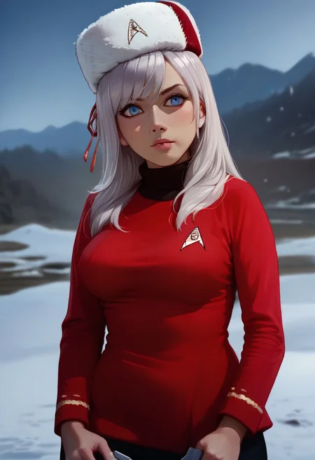score_9, score_8_up, score_8_up, raw, (solo), 1girl, female focus,
amkkj, large breasts, long hair, silver hair, crossed bangs, blue eyes, hair ribbon, medium breasts, red papakha, fur hat, star trek sweater,
(star trek uniform, red uniform),
starship bridge, electronics consoles, electronic displays,
arcan3styl3v1, blurry background, depth of field, outdoors, cowboy shot, standing, holding scanner, snowy environment, rocky environment,