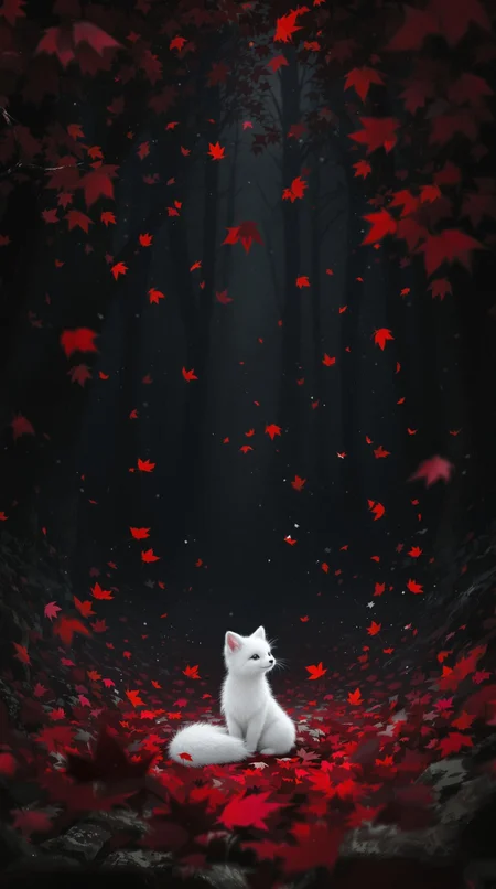 In the realm of fantasy, a small, pure white fox kit sits serenely amidst a storm of falling crimson leaves in a dark, mysterious forest. The ethereal atmosphere is accentuated by the soft and diffused lighting, with deep blacks and vibrant reds dominating the color palette. The scene evokes a sense of melancholic beauty, inspired by the works of Yoshitaka Amano and Artgerm. The smooth fur of the fox contrasts with the slightly blurry, almost ethereal texture of the leaves, while the background showcases a shadowy forest with implied depth. The overall rendering focuses on mood and atmosphere, with an impressionistic touch that prioritizes depth of field and a slight focus on the fox. This captivating illustration, with its cinematic qualities and poster-worthy appeal, transports viewers into a world of enchanting wonder.