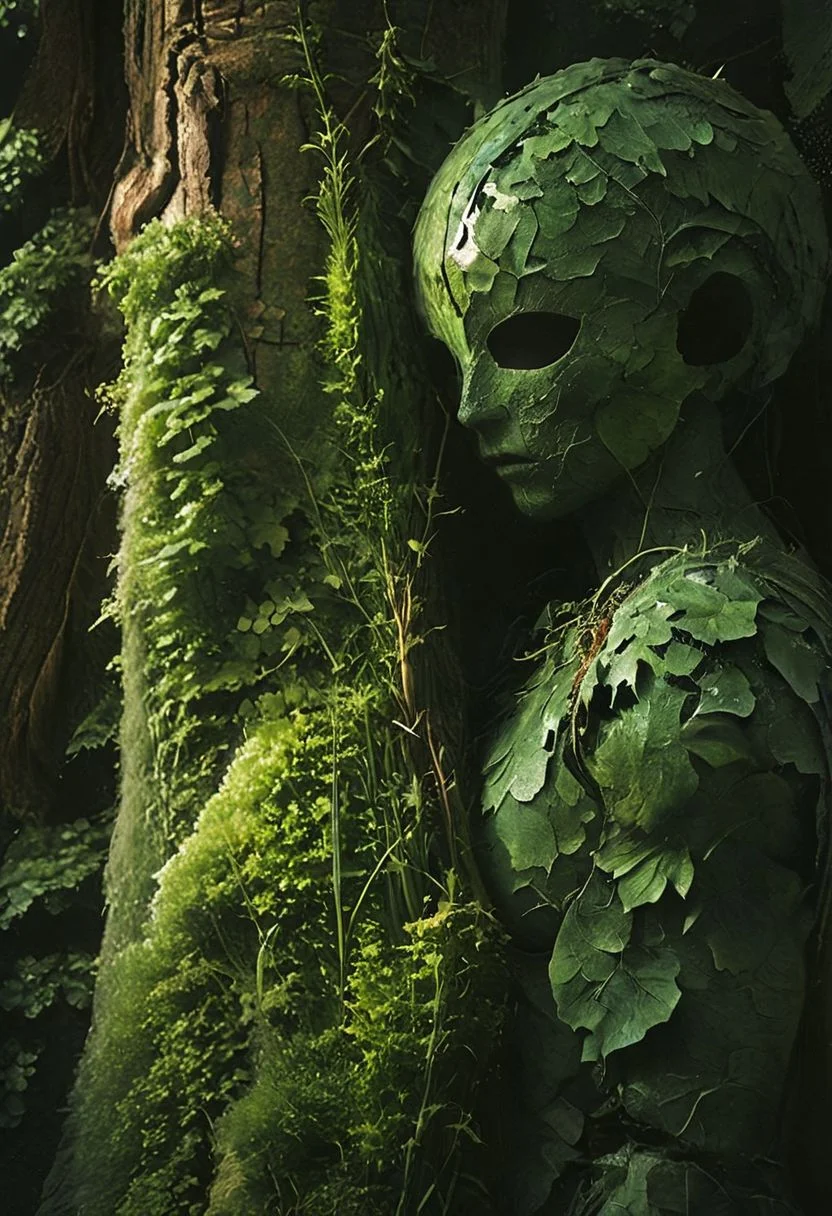 Capture a stunning Closeup of an ethereal midsummer witch upon a hill, from a mushroom in an eerie little beautiful Nature wood, armored dark Spirit wearing hooded Linen cape designed By Studio ghibli, masked with a Bright wooden birch Mask shaped Like a leaf, very detailed and vibrant outworn but colorful, She is wearing armor made entirely of grass, both dried and fresh. The grass is meticulously laid over her arms and limbs, securely fastened with ancient leather straps. , wielding colorful two-toned giant sword,
very detailed, Shot in UHD