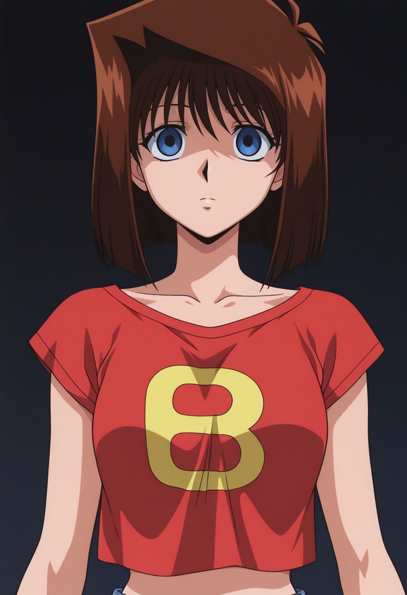 (masterpiece, best quality, highly detailed, official art, 8khd, beautiful, cute, erotic art) anzu mazaki,1girl,solo, blue eyes, brown hair, short hair,  Empty eyes, expressionless, mind control, erotic art, yelllow tee shirt, midriff