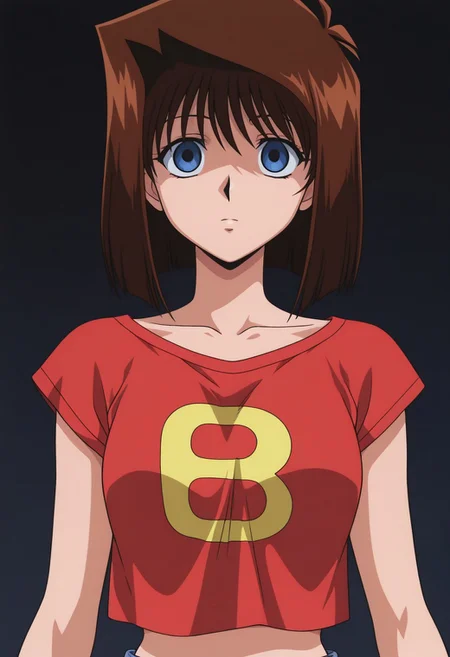 (masterpiece, best quality, highly detailed, official art, 8khd, beautiful, cute, erotic art) anzu mazaki,1girl,solo, blue eyes, brown hair, short hair, Empty eyes, expressionless, mind control, erotic art, yelllow tee shirt, midriff