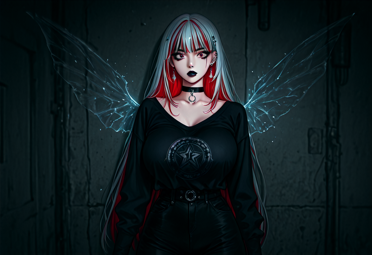 score_9,score_8_up,score_7_up, 1girl, solo, (American Flag, USA theme), front view, cinematic lighting, wide-eyed look, (goth, black lipstick, silver jewelry, silver piercings, black mascara, black eyeshadow), (thick build), (<lora:Underdye_hairstyle__Peekaboo_Hairstyle:1> underdye_hairstyle, two-tone hair,  White outer hair, Blue and Red inner hair),choker, (pearly white rough skin), saggy breasts, covered crotch, (sneaking), (<lora:Fantasy_Wings_Luis_Royo_Style:0.5> magic wings,),ephemeral orchard breached rampart forum USA background,  <lora:waku2kitchen__wakuwaku_kitchen_Style_Illustrious:1> waku2kitchen