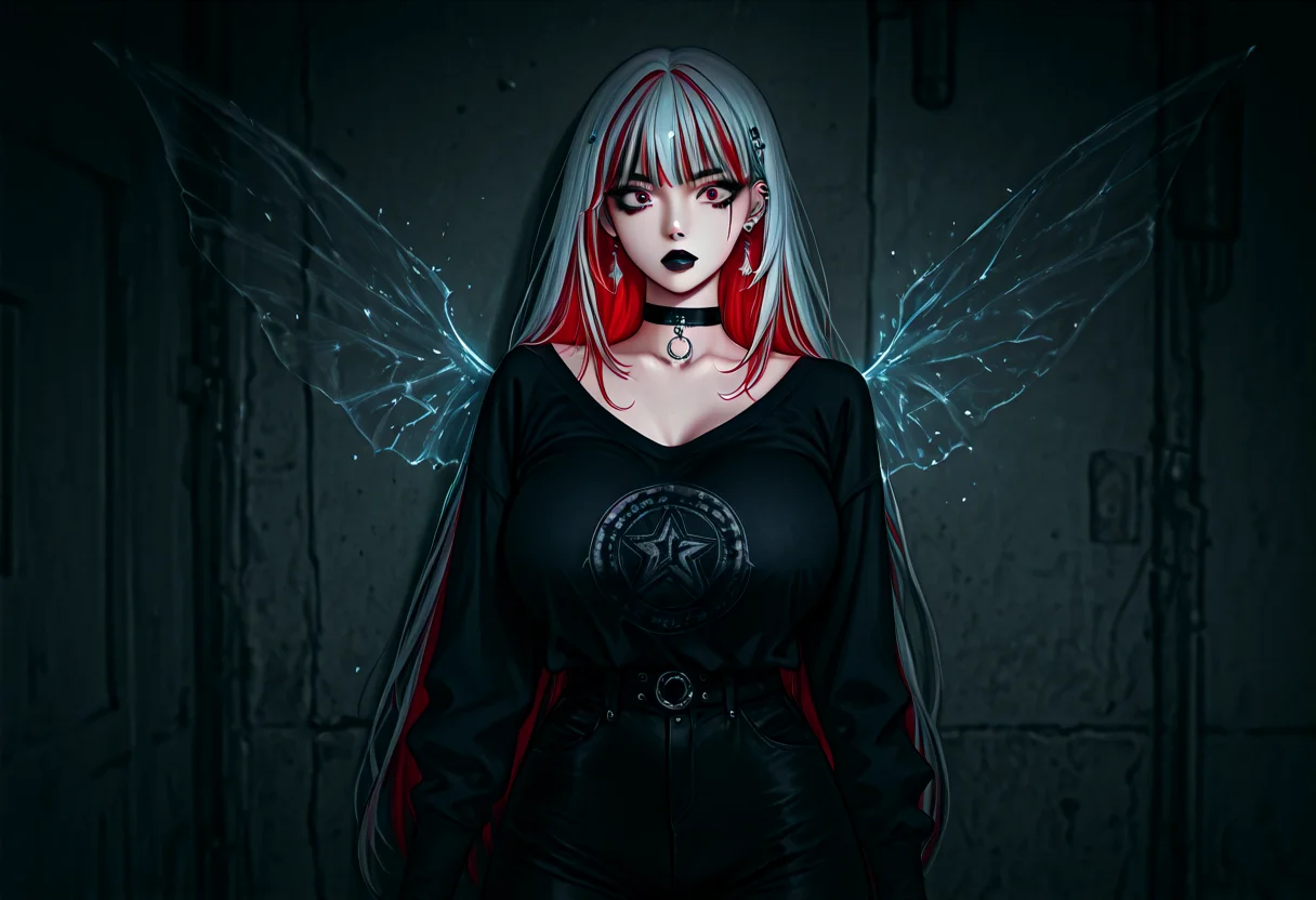 score_9,score_8_up,score_7_up, 1girl, solo, (American Flag, USA theme), front view, cinematic lighting, wide-eyed look, (goth, black lipstick, silver jewelry, silver piercings, black mascara, black eyeshadow), (thick build), (<lora:Underdye_hairstyle__Peekaboo_Hairstyle:1> underdye_hairstyle, two-tone hair,  White outer hair, Blue and Red inner hair),choker, (pearly white rough skin), saggy breasts, covered crotch, (sneaking), (<lora:Fantasy_Wings_Luis_Royo_Style:0.5> magic wings,),ephemeral orchard breached rampart forum USA background,  <lora:waku2kitchen__wakuwaku_kitchen_Style_Illustrious:1> waku2kitchen