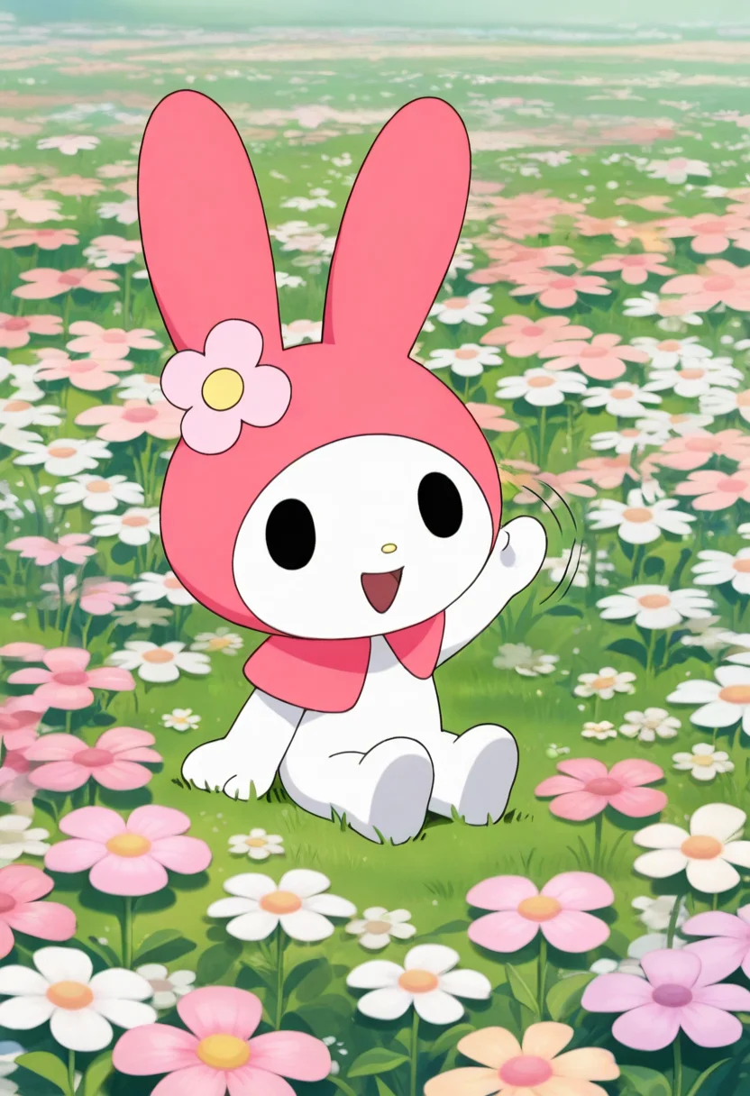 best quality, masterpiece, very aesthetic, mymelo, flower, pink flower, furry, pink capelet, solid oval eyes, black eyes, chibi, feral, flower field, outside, sitting on ground, happy, waving