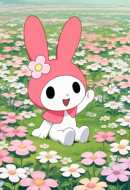 best quality, masterpiece, very aesthetic, mymelo, flower, pink flower, furry, pink capelet, solid oval eyes, black eyes, chibi, feral, flower field, outside, sitting on ground, happy, waving