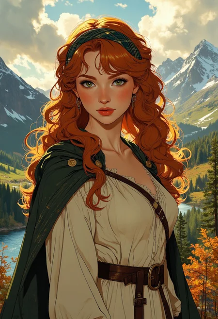 Anime art, Full-length, gorgeous Scottish redhead, naturally curly long ginger hair, tartan headband, white medieval-style tunic, tartan cloak, standing on a hill. Backdrop of Scottish Highlands in fall, bright autumn colors, lakes and wooded areas, braided hairstyle, subtle cleavage, diffused lighting, vivid facial expression, intricate fabric details. <lora:aidmaMJ6.1_v0.5_3:0.5>,  <lora:Anime Art V3_Flux:0.5>