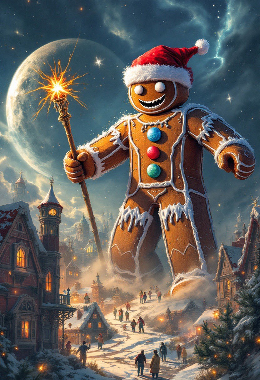 beautiful aesthetic, intricate, giant Gingerbread Man wearing a santa hat attacking a city, ethereal, painterly, epic, majestic, cover art, dramatic lighting