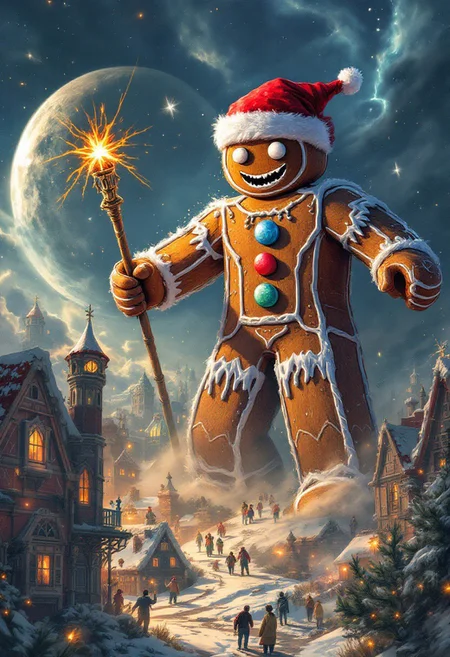beautiful aesthetic, intricate, giant Gingerbread Man wearing a santa hat attacking a city, ethereal, painterly, epic, majestic, cover art, dramatic lighting