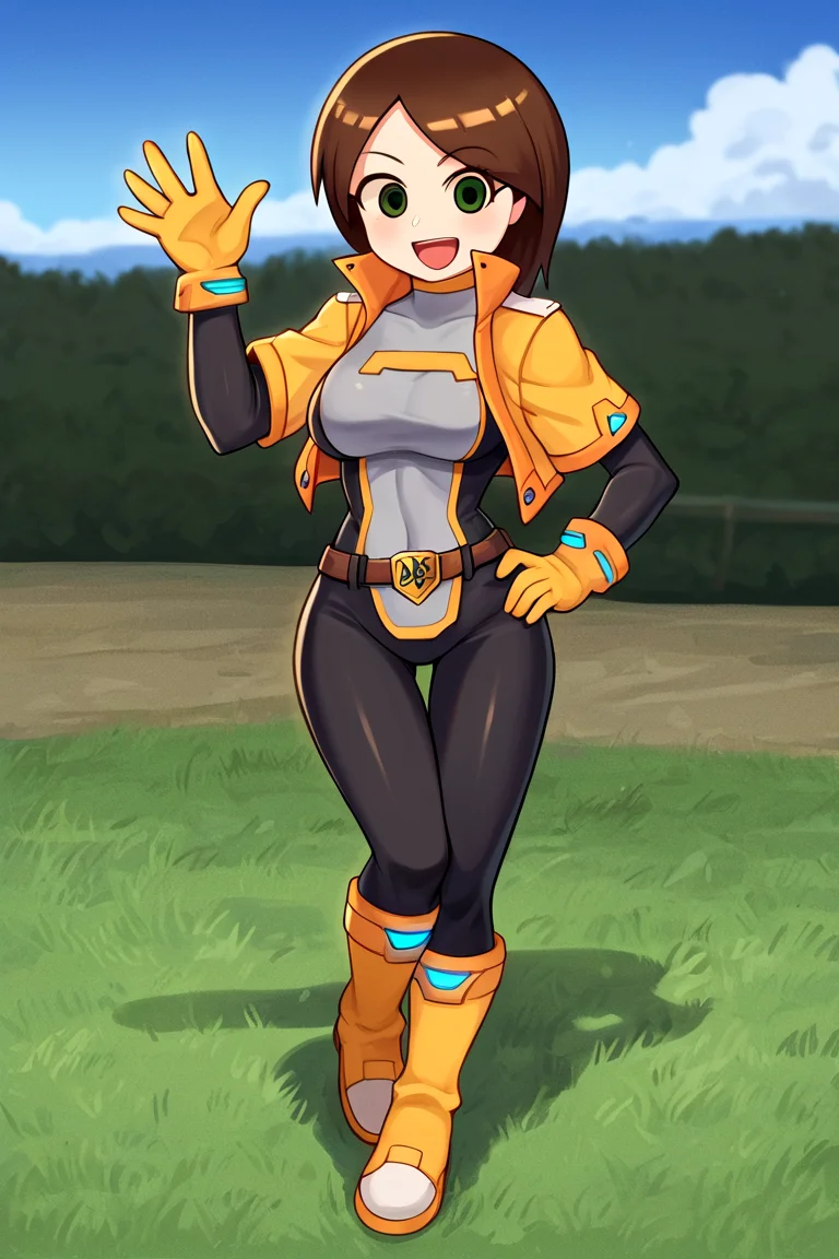 (Score_9,score_8_up,score_7_up, embedding:deep negative pony, beautiful face:0.8), BREAK 1girl, solo, sbmiigunneru, no sclera, green eyes, brown hair, parted bangs, medium hair, grey bodysuit, cropped jacket, orange jacket, belt, gloves, knee boots,, smile, contrapposto, arched back, curvy, dynamic pose, waving, hand on own hip, legs together, standing, looking at viewer, grassy field, midday, blue sky, clouds
