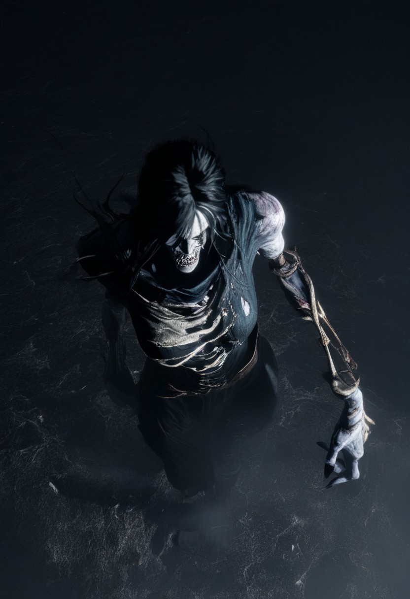 1girl, undead girl from world of warcraft, white long hair, whitish eyes, very pale skintone, scars, bones sticking out of the flesh from above, angry expression, dramatic pose, torn fantasy clothes, faded clothes, flat color, dark theme, fog, dim white light from behind, dramatic light. full body shot