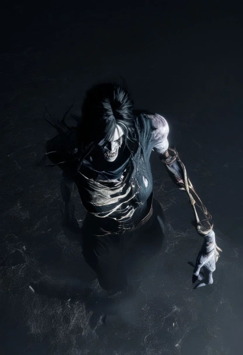 1girl, undead girl from world of warcraft, white long hair, whitish eyes, very pale skintone, scars, bones sticking out of the flesh from above, angry expression, dramatic pose, torn fantasy clothes, faded clothes, flat color, dark theme, fog, dim white light from behind, dramatic light. full body shot