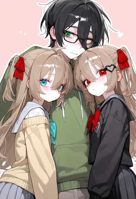 <lora:eatsleep111SDXL:0.75>, best quality, masterpiece, eatsleep1111, 2girls, twins, sisters, 1boy, height difference, upper body, pastel pink background, white outline, sandwiched, [neuro-sama, yellow cardigan, blue eyes, serafuku, grey skirt, aqua bow, aqua bowtie, grey sailor collar, two side up, white heart hair ornament, brown hair, long hair], [evil neuro-sama, black sailor collar, black cardigan, brown hair, black serafuku, red eyes, black skirt, two side up, black heart hair ornament, red bow, red bowtie, long hair], [vedal987, green hoodie, pants, hood, glasses, green eyes, nervous, black hair, short hair, two parted bangs, tall male, messy hair, short hair],  <lora:NeuroEvilVedalNoob11:1>,